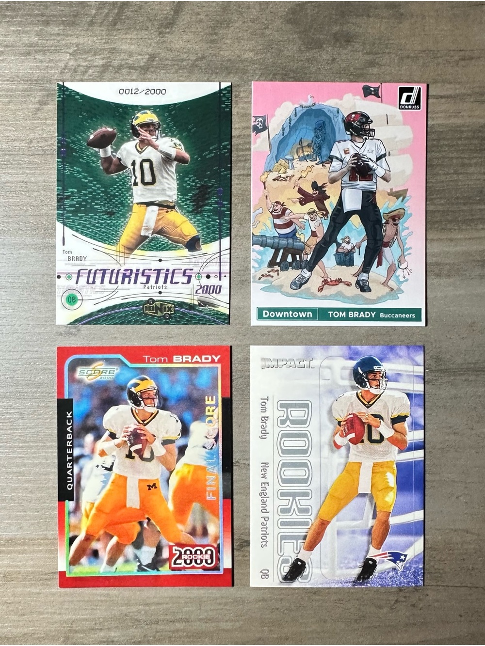 Tom Brady Signed Rookie Lot of (4) Downtown UD Skybox Novelty Football Cards.